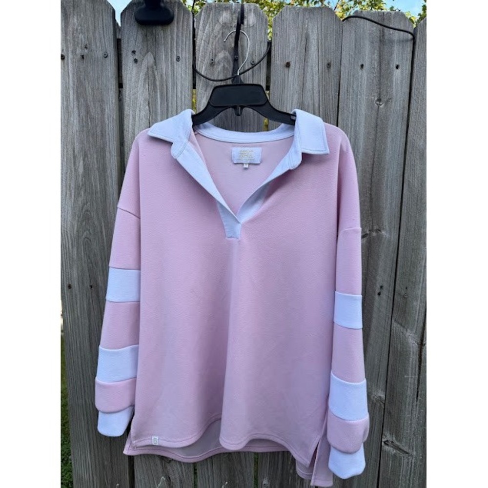 Preppy Sporty Simply Southern Sweatshirt M Pink White Striped Polo Pullover